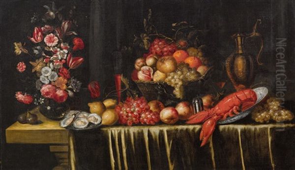 Still Life With Oysters, A Lobster, A Vase Of Flowers And A Basket Of Fruit Oil Painting by Jan Pauwel Gillemans The Elder