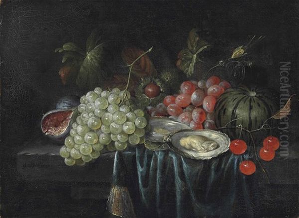 Grapes, Oysters, Chestnuts, A Fig And Cherries On A Partially Draped Stone Ledge Oil Painting by Jan Pauwel Gillemans The Elder