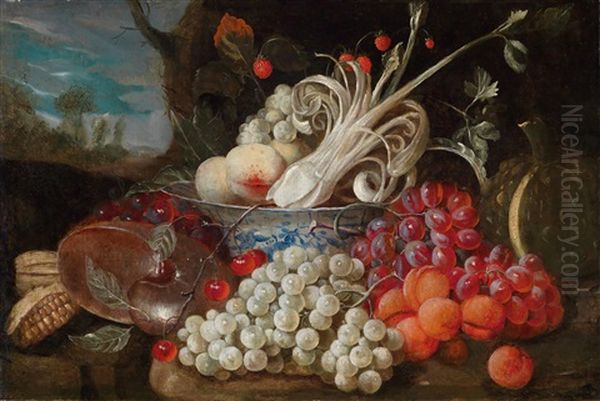 Ein Fruchte- Und Gemusestillleben Mit Einer Chinesischen Porzellanschale Und Messinggefasen Oil Painting by Jan Pauwel Gillemans The Elder