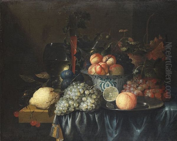 Fruchtestillleben Mit Zinnteller Und Glasern Oil Painting by Jan Pauwel Gillemans The Elder