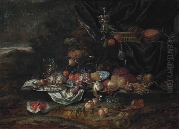 Grapes, Peaches And Plums On A Porcelain Dish, With A Roemer, A Fish On A Pewter Charger And Fruit In A Tazza, With A Partly-peeled Lemon by Jan Pauwel Gillemans The Elder