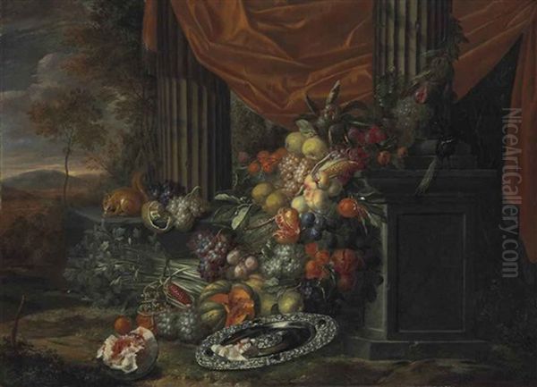 Fruits, Vegetables, And A Silver Tray With A Bird And A Squirrel In A Classical Portico Before A Landscape Oil Painting by Jan Pauwel Gillemans The Elder