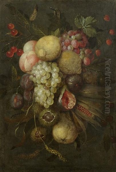 Fruchtestillleben Mit Trauben, Zitronen Und Kastanien Oil Painting by Jan Pauwel Gillemans The Elder