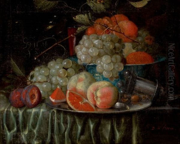 Still Life Of Fruit Arranged On A Draped Table With Pewter Plate And Chinese Porcelain Bowl Oil Painting by Jan Pauwel Gillemans The Elder