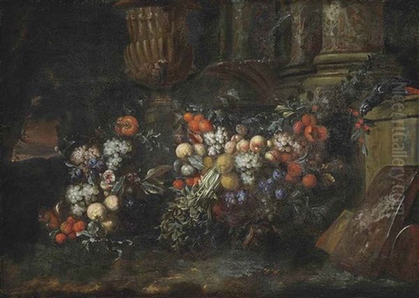 Grapes, Plums, Pomegranates, Oranges And Other Fruit With A Parrot Among Classical Ruins In A Landscape Oil Painting by Jan Pauwel Gillemans The Elder