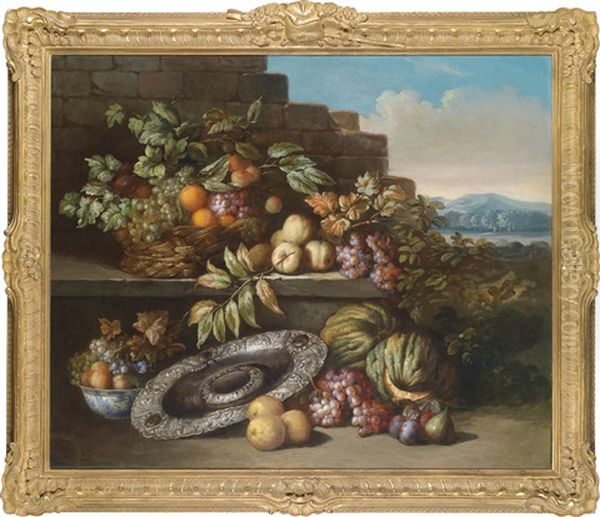 Ein Fruchtestillleben Mit Einer Silbernen Prunkschale Auf Einem Sockel In Einer Weiten Landschaft Oil Painting by Jan Pauwel Gillemans The Elder