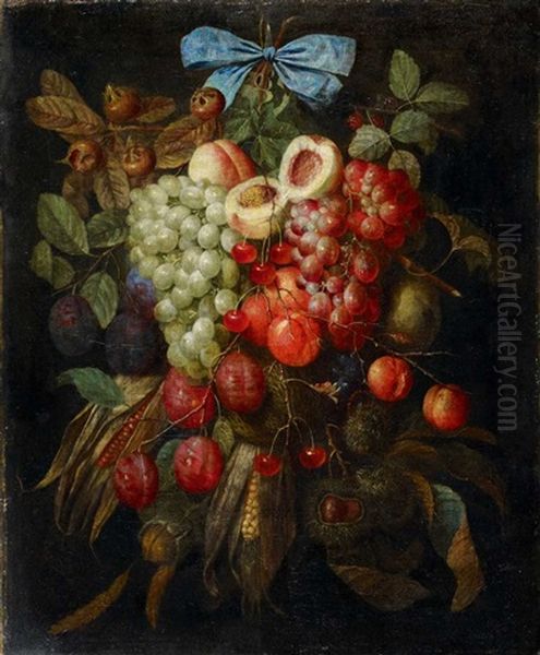 Fruchtegebinde An Blauer Schleife (+ Another, Similar; Pair) Oil Painting by Jan Pauwel Gillemans The Elder