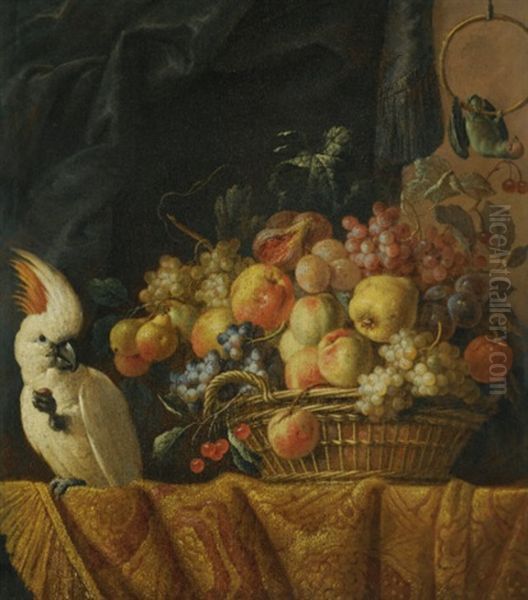 A Still Life Of Figs, Grapes, Apples And Other Fruit On A Table With A Parrot Oil Painting by Jan Pauwel Gillemans The Elder