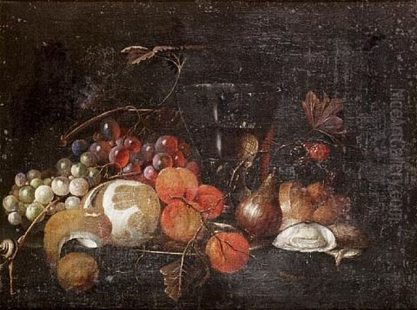 A Still Life Of Grapes, A Peeled Lemon And Apricots On A Silver Dish, A Roemer Of White Wine, Figs, Oysters, Blackberries And A Bread Roll With A Snail On A Stone Ledge Oil Painting by Jan Pauwel Gillemans The Elder