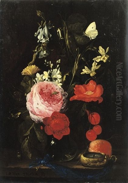 A Rose, An Anemone, A Marigold, Narcissi And Other Flowers In A Glass Vase Oil Painting by Jan Pauwel Gillemans The Elder