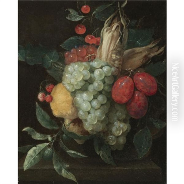 A Still Life With A Festoon Of Grapes, Plums, Lemons, Cherries, Wild Strawberries And A Corn On The Cob by Jan Pauwel Gillemans The Elder