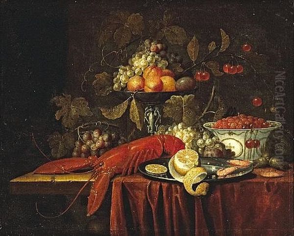 A Still Life With Fruit, Strawberries In A Oriental Bowl And A Lobster Together On A Partially-draped Table Oil Painting by Jan Pauwel Gillemans The Elder