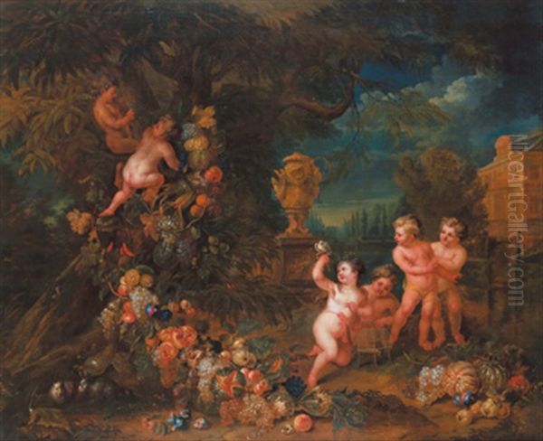 Fruchtestillleben Mit Spielenden Eroten Oil Painting by Jan Pauwel Gillemans The Elder