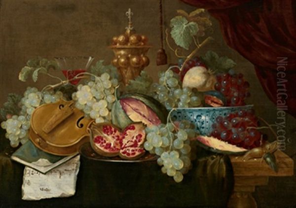 Stillleben Mit Fruchten, Violine, Noten, Einem Weinglas Und Einem Goldenen Pokal Oil Painting by Jan Pauwel Gillemans The Elder