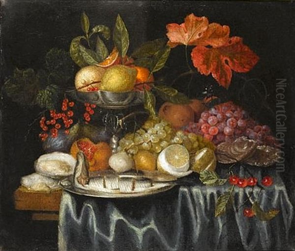 A Still Life Of Oysters, A Silver Tazza With Oranges And Lemons, Fish On A Silver Dish And Other Fruit On A Table Draped With A Blue Cloth Oil Painting by Jan Pauwel Gillemans The Elder