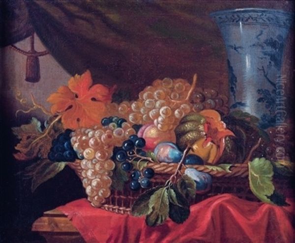 Nature Morte A La Coupe De Fruits Et Au Vase De Delft Sur Un Entablement Oil Painting by Jan Pauwel Gillemans The Elder