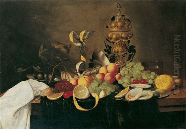 Prunkstilleben Mit Fruchten, Austern, Einem Glas Und Einem Vergoldeten Buckelpokal Oil Painting by Jan Pauwel Gillemans The Elder