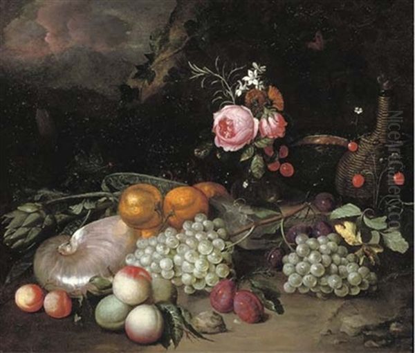 A Nautilus Shell, An Artichoke, Oranges, Peaches, Grapes, A Vase With Flowers, Plums And A Bottle In A Landscape Oil Painting by Jan Pauwel Gillemans The Elder