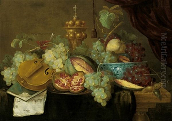 Stillleben Mit Fruchten, Violine, Noten, Einem Weinglas Und Einem Goldenen Pokal Oil Painting by Jan Pauwel Gillemans The Elder