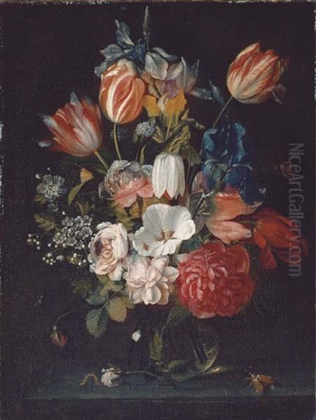 Roses, Tulips, Irises And Other Flowers In A Glass Vase With A Rose, A Caterpillar And Two Insects, On A Stone Ledge Oil Painting by Jan Pauwel Gillemans The Elder