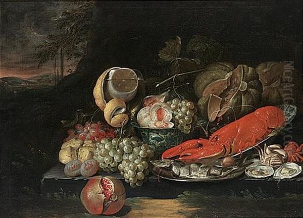 Still Life With A Lobster In A Wan-li Bowl, A Herring On A Silver Plate, Grapes, Peaches, And Figs, A Lemon In A Roemer, Pumpkins, A Pomegranate, Oysters And Crabs Oil Painting by Jan Pauwel Gillemans The Elder