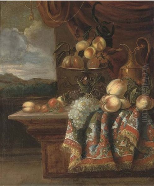 Peaches, Grapes And Strawberries In A Tazza And A Pitcher On A Partly-draped Table In An Interior, A Landscape Beyond Oil Painting by Jan Pauwel Gillemans The Elder