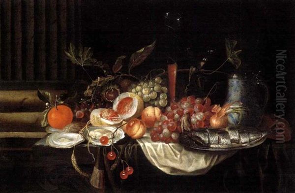 Un Hareng, Des Huitres, Un Verre De Vin, Un Oignon, Une Aiguiere, Du Pain Et Des Fruits Sur Un Entablement Drape Oil Painting by Jan Pauwel Gillemans The Elder