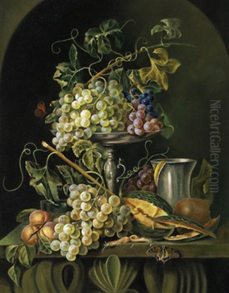 Stillleben Mit Weintrauben Auf Einer Silbernen Tazza, Einer Melone Und Einem Silbernen Pokal Oil Painting by Jan Pauwel Gillemans The Elder