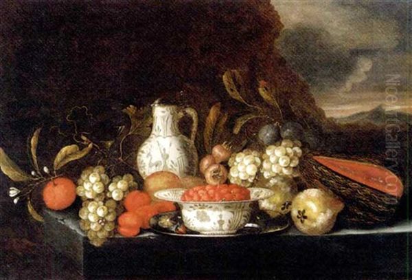 Grapes, Plums, Figs, Pears, Peaches, Oranges, A Melon, A Kraak Porcelain Bowl Of Strawberries On A Pewter Platter With A Jug And A Glass Of Wine On A Stone Ledge In A Landscape Oil Painting by Jan Pauwel Gillemans The Elder