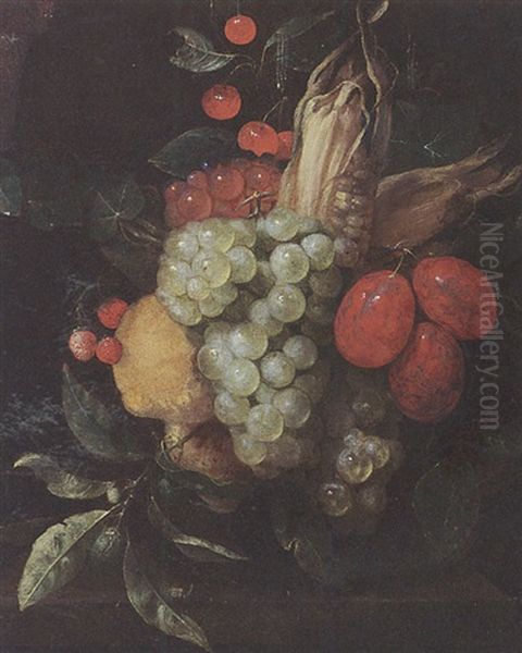 A Still Life With A Bunch Of White And Black Grapes, Prunes, Lemons, Corn, Cherries And Strawberries Hanging Above A Stone Ledge Oil Painting by Jan Pauwel Gillemans The Elder