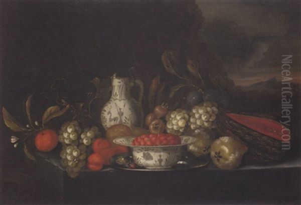 Grapes, Plums, Figs, Pears, Peaches, Oranges, A Melon, A Kraak Porcelain Bowl Of Strawberries, On A Pewter Platter With A Jug And A Glass Of Wine On A Stone Ledge In A Landscape Oil Painting by Jan Pauwel Gillemans The Elder