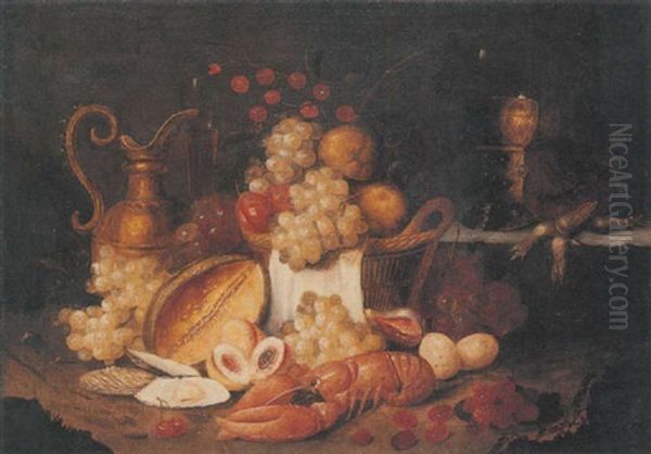 Still Life With A Lobster, Grapes, A Melon, Cherries, Plums And A Brass Jug Together With A Roemer Oil Painting by Jan Pauwel Gillemans The Elder