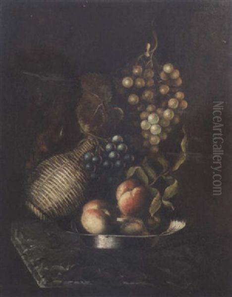 Peaches On A Pewter Plate, A Wine Flask And Black And White Grapes On A Marble Top Table Oil Painting by Jan Pauwel Gillemans The Elder