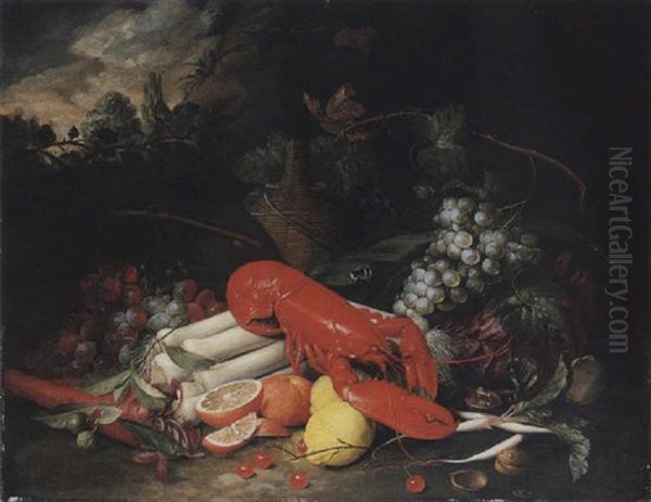 Still Life Of A Lobster, Leeks, Carrots, Radishes, Cabbage, Grapes, Oranges, Lemons, Cherries And Walnuts Oil Painting by Jan Pauwel Gillemans The Elder