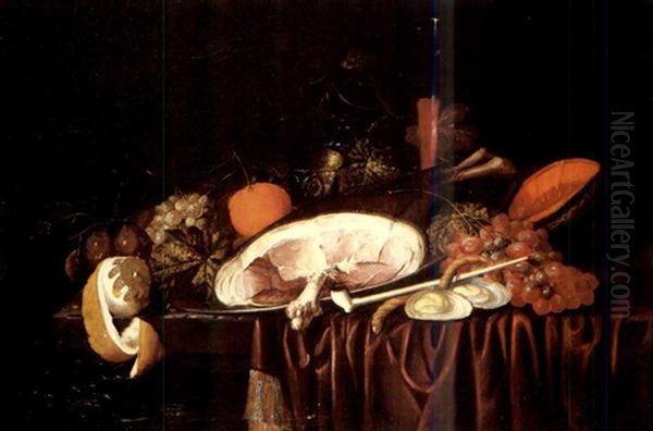 A Ham On A Pewter Plate, A Pipe, Oysters, Red Grapes, A Melon, A Facon De Venise Of Red Wine, A Roemer, And Other Fruits On A Partially Draped Table Oil Painting by Jan Pauwel Gillemans The Elder