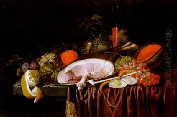 Stilleben Mit Weintrauben, Melone, Orangen, Zitrone, Schinken Und Einem Gefullten Weinglas Oil Painting by Jan Pauwel Gillemans The Elder