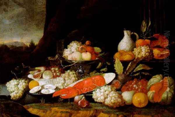 Stilleben Mit Fruchten, Austern, Einem Hummer Und Porzellanschalen Sowie Einer Silbernen Tazza In Einer Landschaft Oil Painting by Jan Pauwel Gillemans The Elder