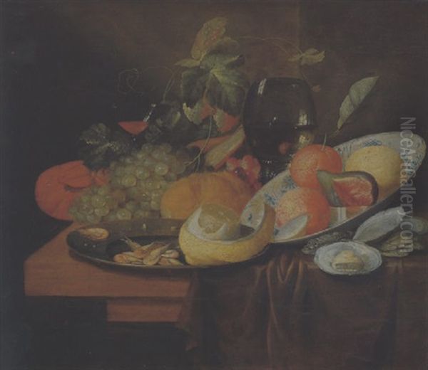 Stilleben Mit Sudfruchten, Austern Und Krabben Sowie Einem Romer Und Einem Venzianischen Weinglas Oil Painting by Jan Pauwel Gillemans The Elder