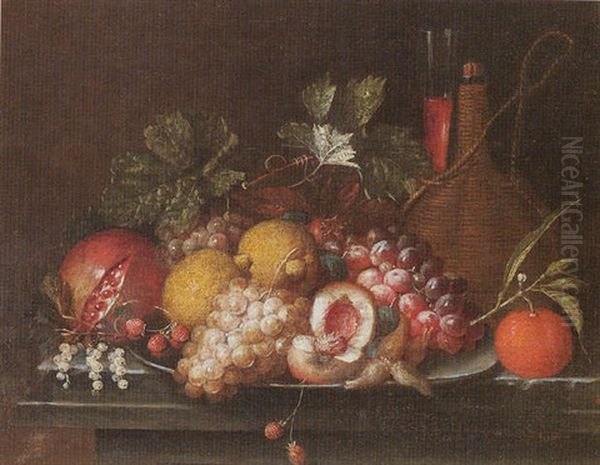 Still Life Of Peaches, Lemons, Grapes, Strawberries And Nuts Upon A Pewter Dish Together With Other Fruit And A Cask Of Wine Upon A Stone Ledge Oil Painting by Jan Pauwel Gillemans The Elder