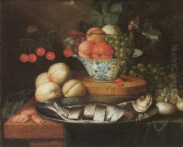 Still Life Of Fruits In A Blue And White Bowl, Together With Peaches, Grapes, Prawns, Onions And Herring On A Pewter Dish On A Partly Draped Table Oil Painting by Jan Pauwel Gillemans The Elder