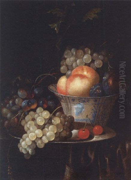 Peaches, Plums And Grapes In A Wan Li Kraak Porselein Bowl, With Grapes And Cherries On A Pewter Plate, On A Draped Ledge Oil Painting by Jan Pauwel Gillemans The Elder