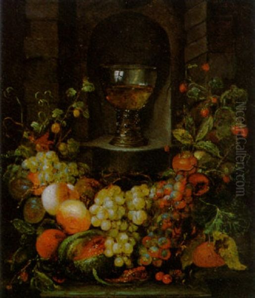 A Roemer In A Niche Surrounded By A Garland Of Grapes, Apples, Strawberries And Other Fruit Oil Painting by Jan Pauwel Gillemans The Elder