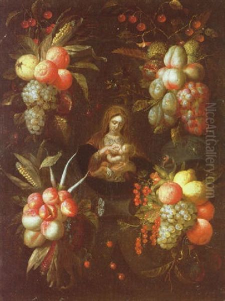 The Virgin And Child Set In A Stone Cartouche Decorated With Garlands Of Fruit Oil Painting by Jan Pauwel Gillemans The Elder