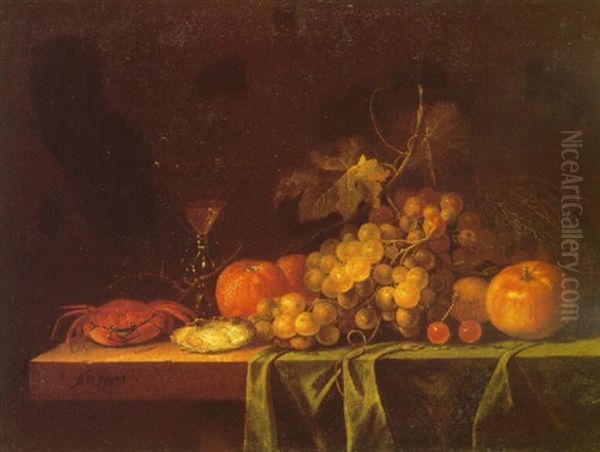 A Still Life Of Grapes, An Apple, Oranges, An Oyster, A Glass Of White Wine And A Crab On A Partially Draped Table Oil Painting by Jan Pauwel Gillemans The Elder