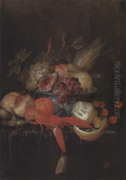 Grapes And Other Fruit, A Corn Cob And A Fig In A Blue And White Porcelain Bowl, A Flute Of Red Wine, A Crayfish, And Bread On A Draped Stone Ledge Oil Painting by Jan Pauwel Gillemans The Elder