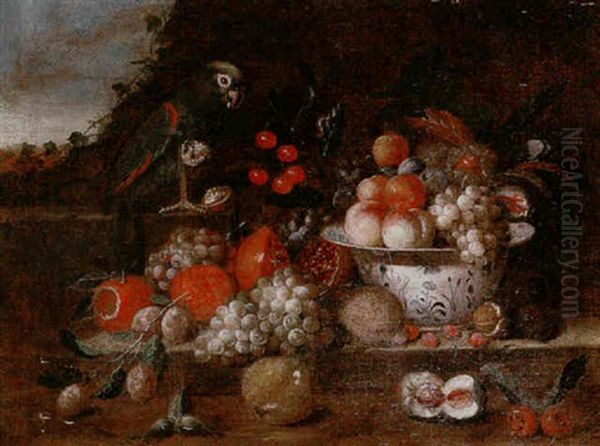 Still Life Of Peaches, Grapes, Oranges, Cherries And Pears In A Blue And White Bowl, Upon A Ledge, With A Parrot Oil Painting by Jan Pauwel Gillemans The Elder