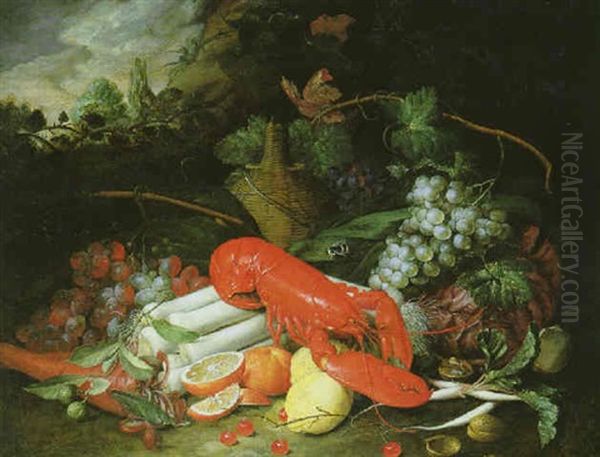 Stilleben Mit Fruchten Und Gekochtem Hummer Oil Painting by Jan Pauwel Gillemans The Elder