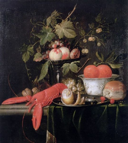 A Still Life Of Peaches, Grapes And Vines On A Tazza, A Porcelain Bowl With Oranges, And Other Objects On A Stone Ledge Oil Painting by Jan Pauwel Gillemans The Elder