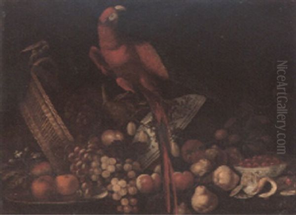 A Parrot On An Upturned Basket Of Grapes, Oranges, A Pewter Plate And Other Fruit Oil Painting by Jan Pauwel Gillemans The Elder