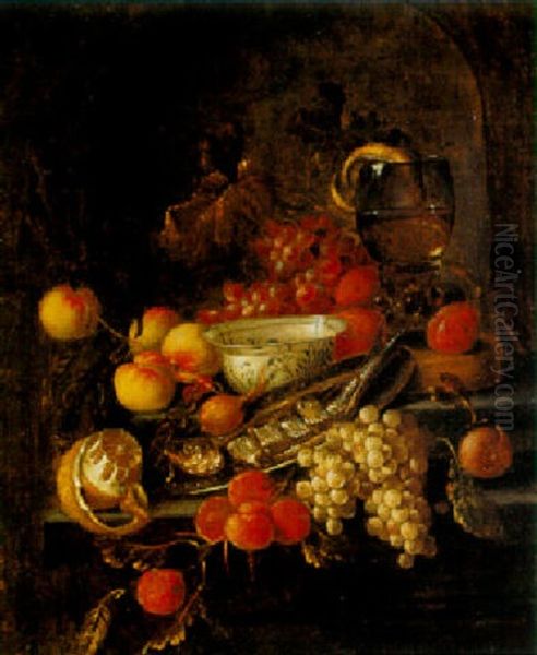 Still Life With Grapes, Peaches And Other Fruits With A Herring On A Pewter Plate Oil Painting by Jan Pauwel Gillemans The Elder